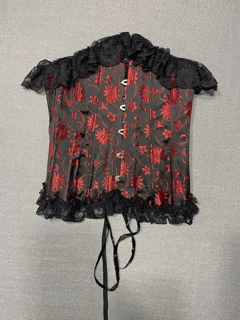 Black Red Floral Embroidered Lace Frill Trim Bustier Corset Lace Up L
